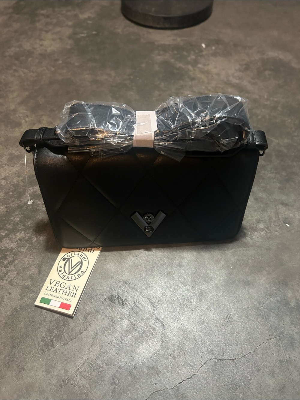 Valentino Orlandi Black Vegan Leather Shoulder Bag - Gun Metal & Black Leather